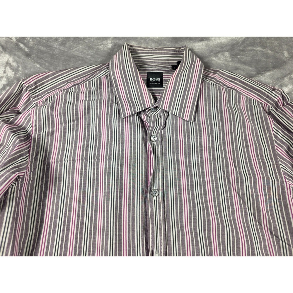 Hugo Boss Button‎ Down Shirt Mens L Grey Purple Striped Regular Fit Cotton Italy